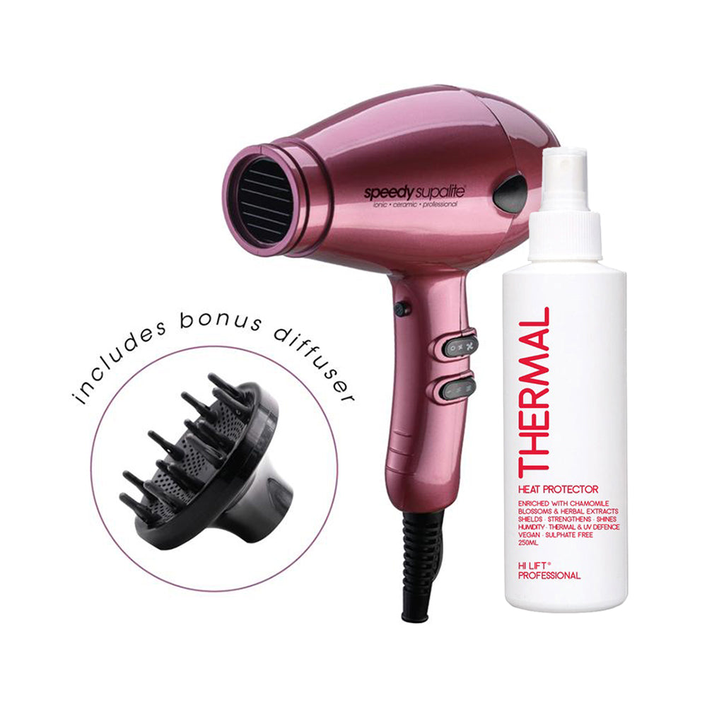 Supalite Dryer With Bonus Hi Lift Thermal Spray Heat Protector 250ml - Purple